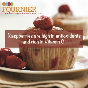 Raspberries on muffins - high in antioxidants and high in Vitamin C.