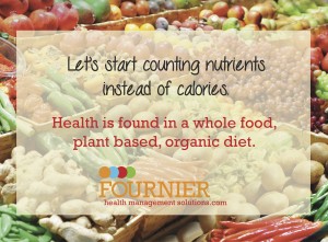 Text overlaid on vegetables saying "Let's start counting nutrients instead of calories. Health is found in a whole food, plant based, organic diet."