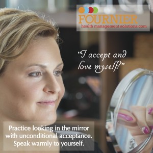 Woman looks into mirror: "I accept and love myself!" Practice looking in the mirror with unconditional acceptance. Speak warmly to yourself.