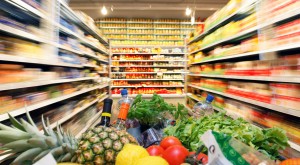 Shopping Cart With Fruit Vegetable Food In Supermarket