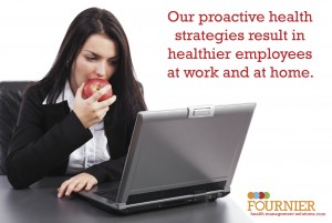 A woman eats an apple at her laptop as she plans proactive health strategies.